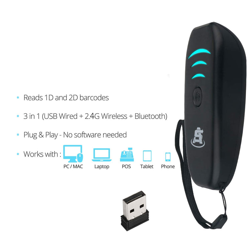 ScanAvenger Portable Mini-Wireless Bluetooth Barcode Scanner: Hand Scanners - Cordless, Rechargeable 1D & 2D Scan Gun for Inventory Management Wireless, Handheld USB QR (1D&2D Mini Barcode Reader) 1D&2D Mini Barcode Scanner