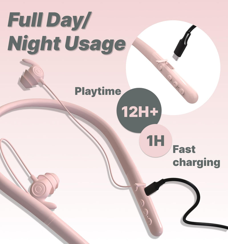 Hmusic Bluetooth Sleep Earbuds for Side Sleepers, Soft Silicone | 30dB Noise Isolation, Built-in White Noise & Mic, 12-Hour Battery, Flat Sleep Headphones for Snoring, Traveling (Pink) Pink