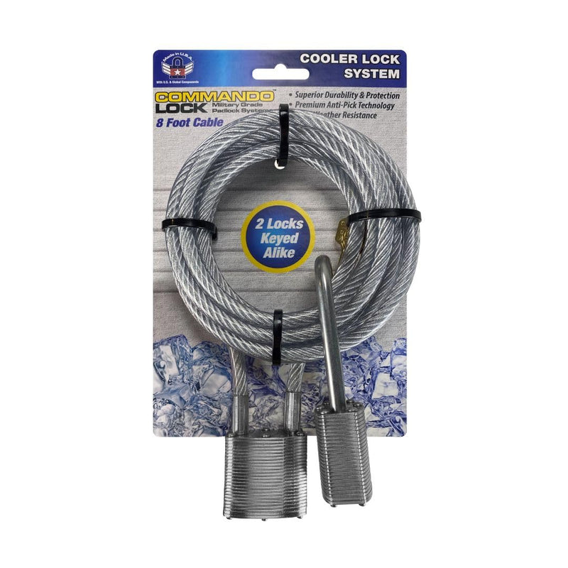 Cooler Steel Cable Commando Lock 8 ft Steel Coated Cable Lock -2 Military Grade Weatherproof Padlocks, Keyed Alike, for Coolers, Bikes, Boats, Guns and More