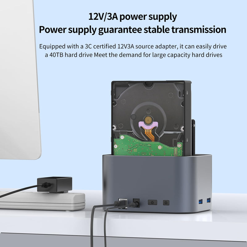 GODO 2.5/3.5" SATA Dual-Bay HDD Dock, USB 3.0 Hub, Clone, 20TBx2 Aluminum | Dual USB 3.0 Expansion Ports, Offline Clone Without PC, 5Gbps Transfer, Tool-Free Installation, Hot Swappable, LED Indicator