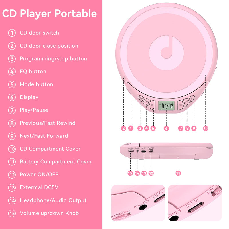[AUSTRALIA] - Portable CD Player for Car: Kegaudio with Earphones Anti-Skip LCD Display Personal Disman Disc Player for Car & Sports Supports MP3 WMA PROG & Memory Function Pink 