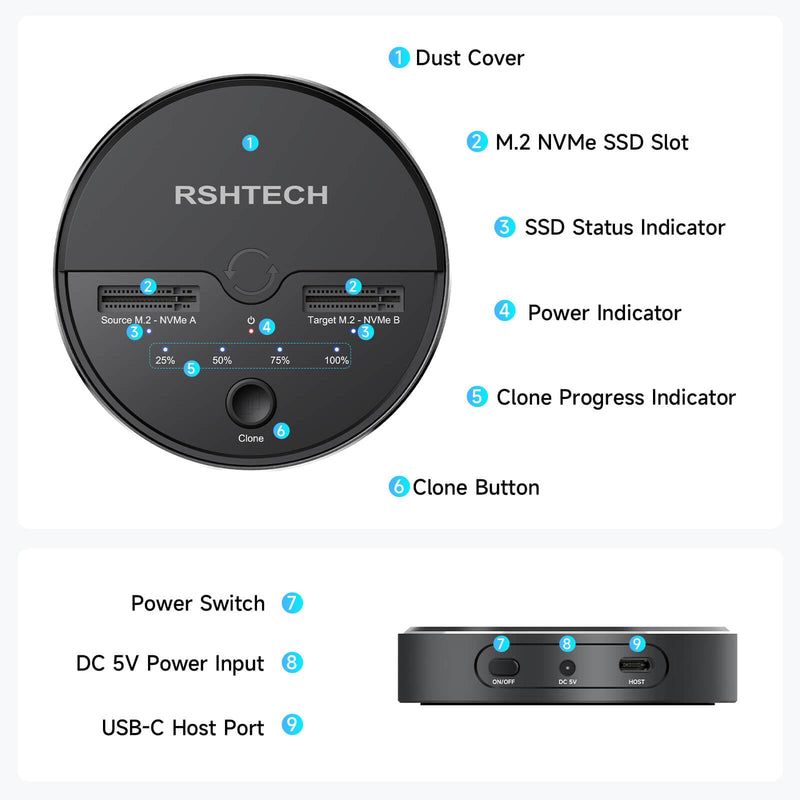 RSHTECH NVMe Cloner, Dual Bay M.2 NVMe SSD Duplicator Dock, RSH-M10D | 10Gbps USB 3.2 Gen 2 Docking Station Support M Key/B+M Key 2230/2242/2260/2280/22110 NVMe SSDs, Offline Clone, Tool-Free