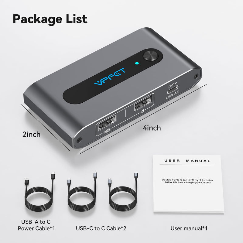 4K@60Hz USB C KVM Switch 1 Monitor 2 Computers HDMI KVM Switch 2 Laptops Share 1 Monitor 3 USB Devices with Up to 100W PD Charging for Windows Mac Laptop
