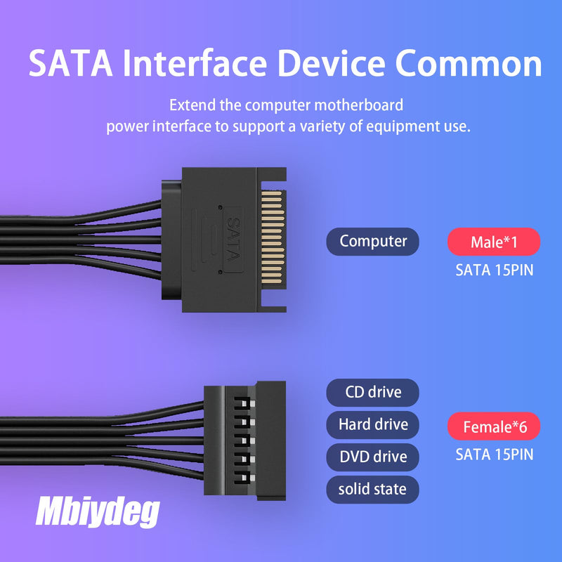 sata Power Splitter Cable 6 Way, 15 Pin SATA to 6 SATA Power Cable for HDD、SSD、Optical Drives, sata Cables, sata Power Connector Supply Extension Cable, Black