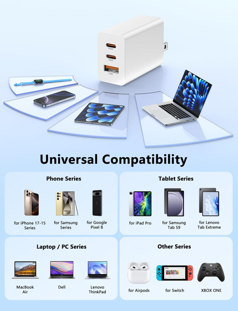 85W USB C Charger for iPhone 17 16 15 Pro Max,3-Port PD 3.0 GaN | Fast Charging Block with 3/6/6/10 Ft USB C Cable for iPhone 17/16/15,MacBook Pro/Air,iPad Pro,Galaxy S26 S25 Ultra,Android White 2Pack 3+6+6+10Feet