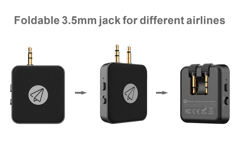 Airplane Bluetooth Adapter 2in1, Foldable 3.5mm AUX Jack for Different Airlines, 20h Play time, Transmitter to 2 Airpods/Headphone, Receiver to Car/Home Stereo