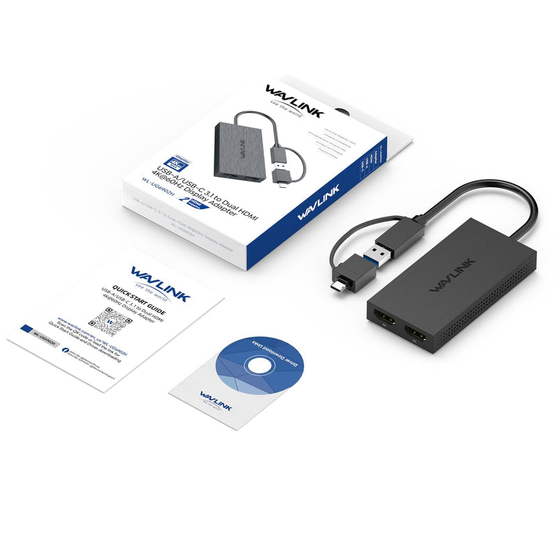 WAVLINK DisplayLink USB A/C to Dual HDMI Adapter 4K@60Hz for 2 Monitors | DisplayLink USB 3.0 & USB C to 2 HDMI Adapter for Dual Monitor, for Mac M1-M5/Neo, Windows, ChromeOS, Ubuntu