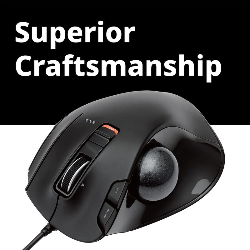 ELECOM EX-G Trackball Mouse, 2.4GHz Wired, Thumb Control, Ergonomic Design, 5-Button Function with Smooth Tracking, Ergonomic Design, Optical Gaming Sensor, Windows11, macOS (M-XT2URBK-G) Black / Black ball