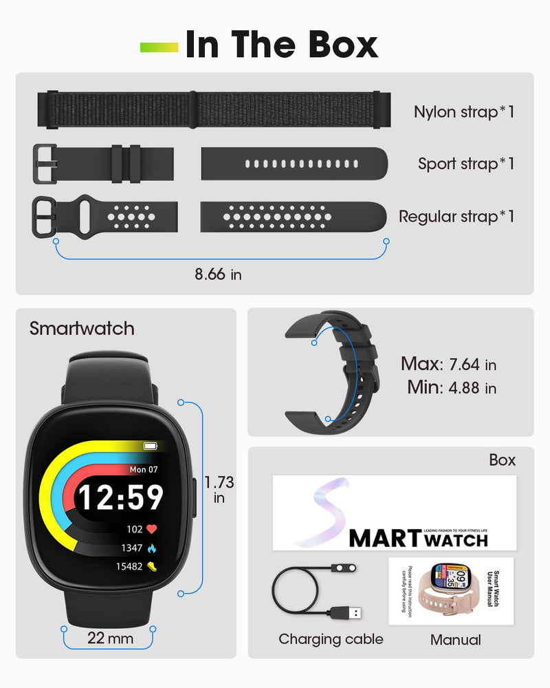 Smart Watches for Men Women Fitness: Fitness Tracker with Blutooth Call 24/7 Heart Rate SpO2 Sleep Monitor 5ATM Waterproof 120+ Sport Mode Activity Trackers Compatible iPhone Android Phones (3 Bands) Black