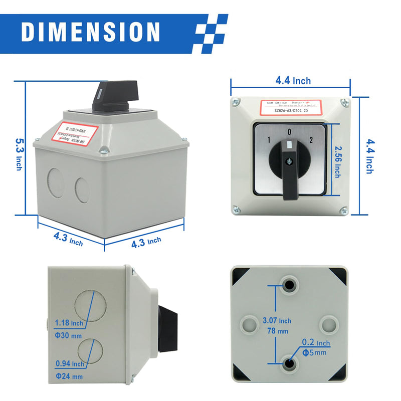 63A Rotary Changeover Switch with Master Switch Exterior Box, 660V 3 Position 2 Phase 8 Terminals Universal Selector Switch SZW26-63/D202.2D IP65