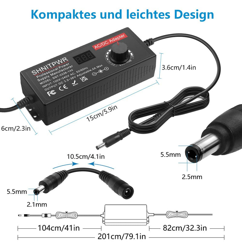 SHNITPWR Adjustable Power Supply 3.5-36V 4A 144W Universal Power Supply Adapter DC 36V 34V 31V 29V 26V 24V 20V 19V 14V 12V 9V 6V 3.5V with 14 Tips & Polarity Cable for Household Electronics LED Strip