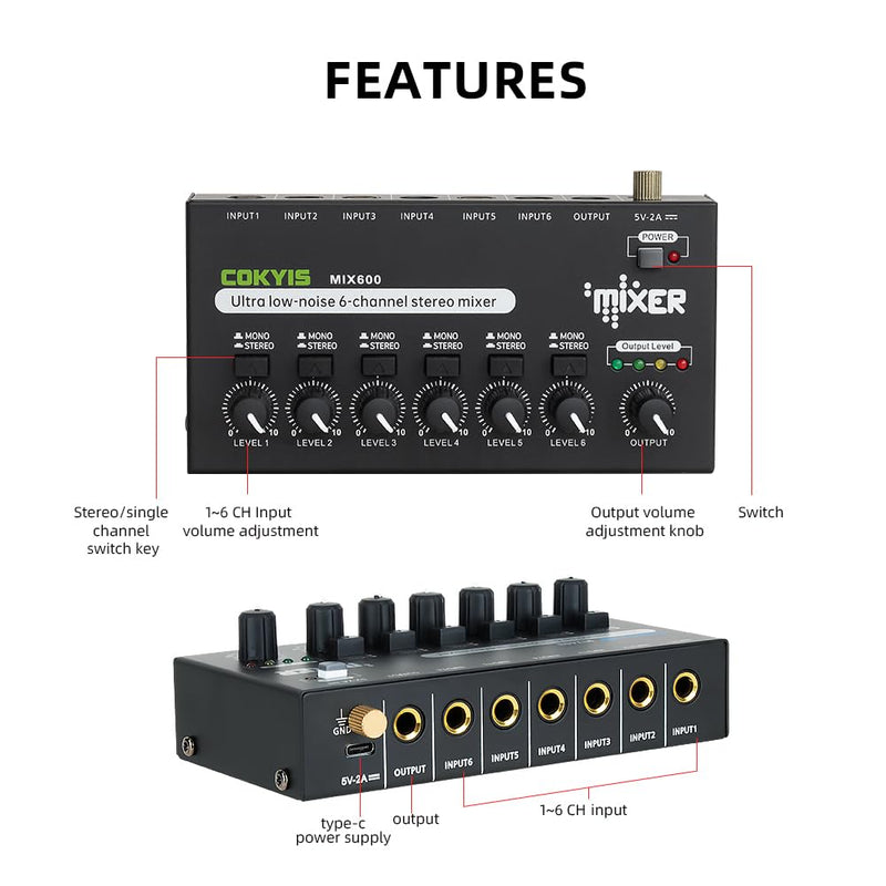 [AUSTRALIA] - Mini Audio Mixer, 6-Channel Stereo Line Mixer for Precision Sub-Mixing, with Ultra Low-Noise Operation, Independent Microphone Control, 1/4" TRS Input/Output-for Guitars, Bass, Stage Mixer 