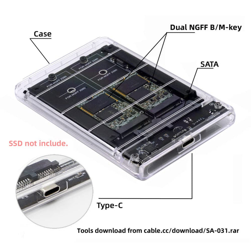 cablecc Dual NGFF B+M-Key M.2 SSD Card JOBD Raid0 Span Bridge to USB3.0 Type-C USB-C 2.5inch SATA Combo Enclosure Dual NGFF B+M-Key to USB3.0 SATA Enclosure