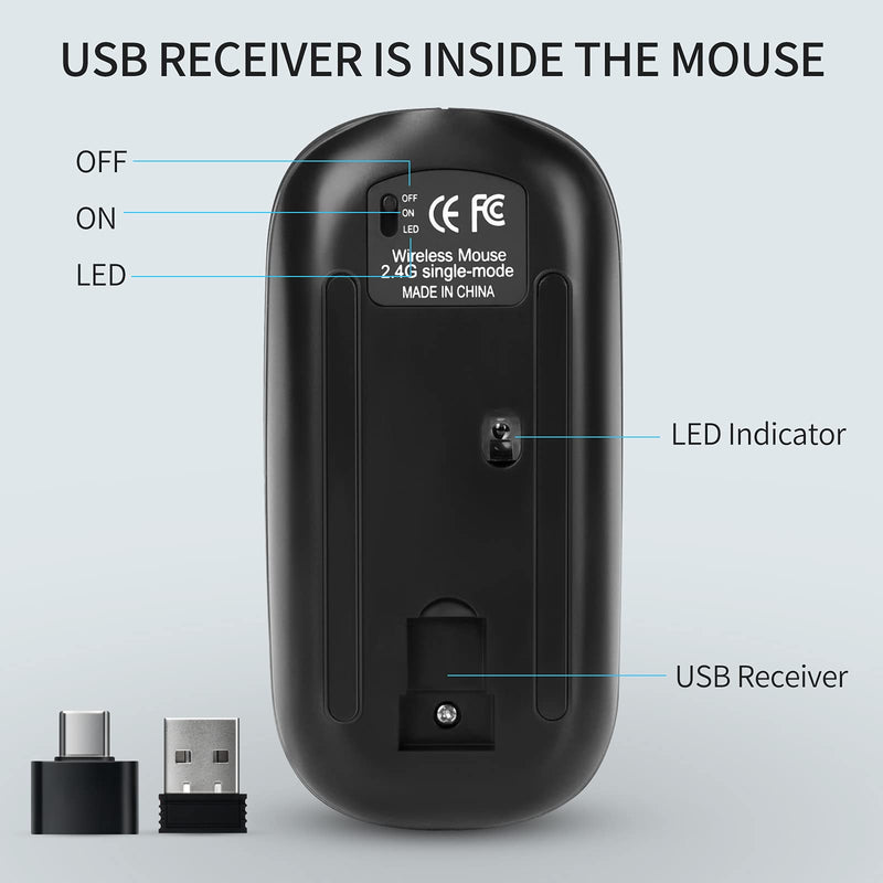 LED Wireless Mouse Slim Silent Mouse 2.4G Rechargeable Wireless Computer Mouse Wireless Mouse for Laptop, MacBook, iPad, Chromebook, with USB & Type-c Receiver Black with LED Backlit