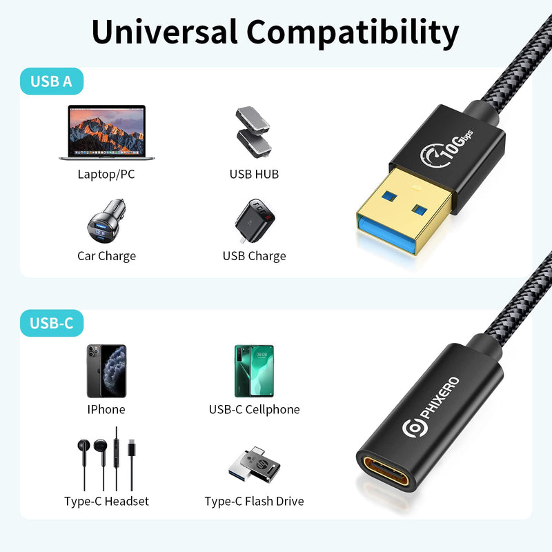 [10Gbps] USB C Female to USB Male Adapter 3.1 Gen 2 (1 Ft), PHIXERO 3A Fast Charging USB A to USB C Adapter with 10Gbps Data Transfer and Charging for Laptop, PC, Flash Disk, Quest Link, Charger 1ft