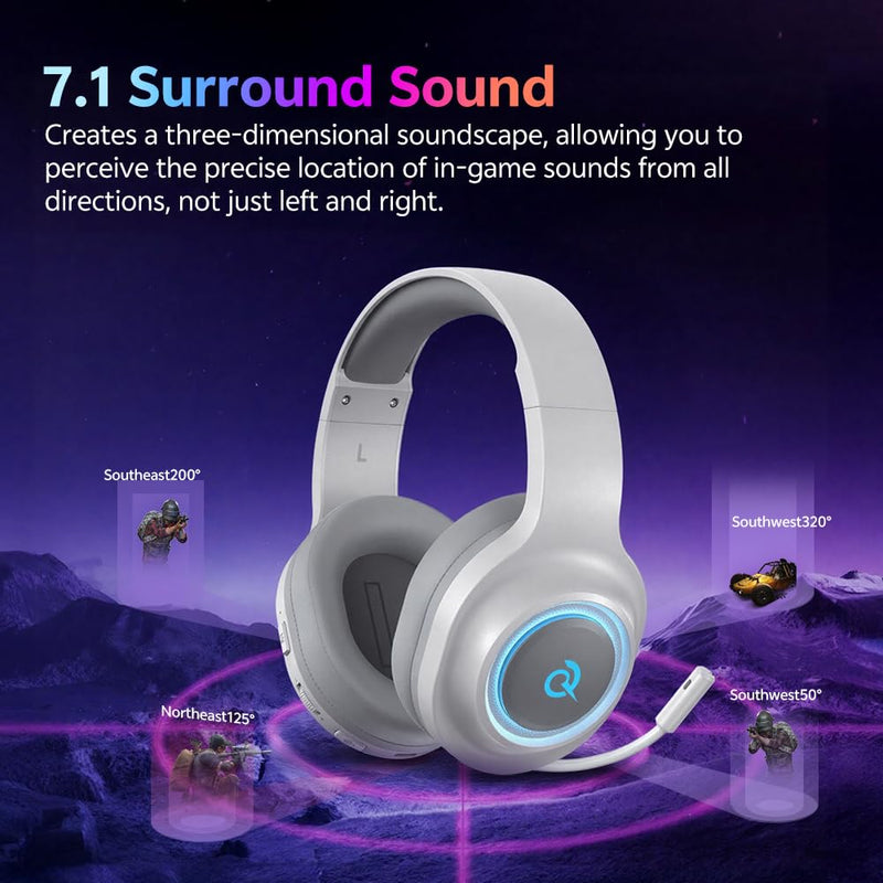 QCY HEROAD V200 Gaming Headset for PC/PS5/PS4/Switch Over Ear Headphones | 240Hr Battery, 7.1 Surround Sound, USB-C Headphones for Multi-Platform, Bluetooth 6.0 White