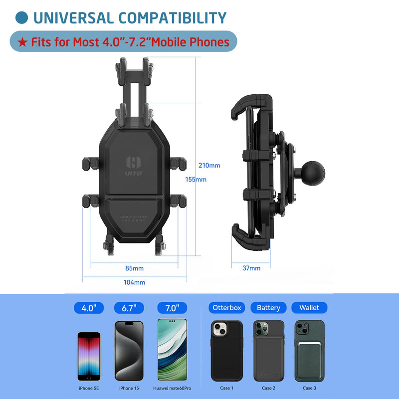 Vibration Damping Motorcycle Phone Mount -Shock Absorbing Bracket with Anti-Theft Design & 1" Ball Base 360° Rotation Universal for 4.0"-7.2" Phones, Fits for 0.5"-1.3" Handlebars