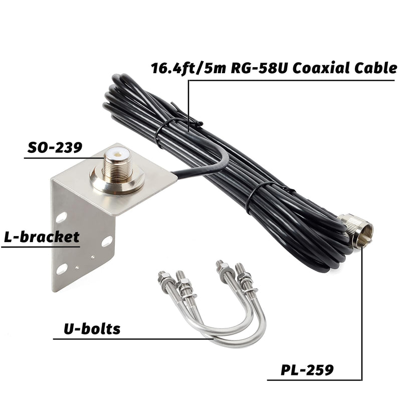 TWAYRDIO Marine VHF Antenna 6.5" Low Profile w/16.4ft Coax Cable for Boat | Stubby Marine Radio Antenna, 156-163MHz, 16.4cm, PL259 Connector, w/5m RG58 Coaxial Cable, L-Shape Mounting Bracket, U-bolts