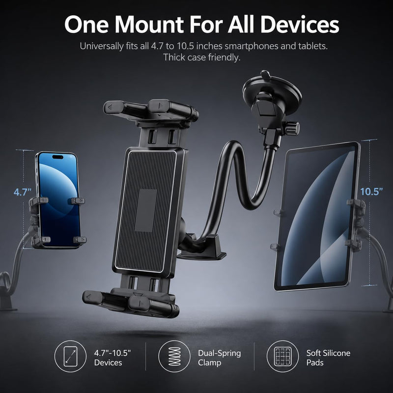 Car Windshield Tablet Mount 360° Rotation Suction Cup Holder Large Adjustable Clamp Fits 5 to 15 Inch Devices for Truck SUV Navigation and Entertainment, Black