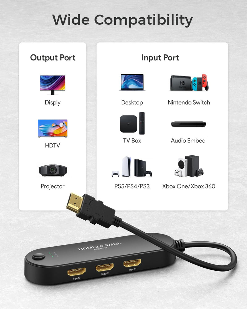HDMI Switch 4K@60Hz, Vilcome 4K HDMI Splitter 3 in 1 Out, 3 Port Hdmi Switcher Box Supports UHD 3D HDR, Multi Port HDMI Hub Selector for Xbox PS3 4 5 TV Gaming Roku HDTV Fire Stick 1.25FT Cable