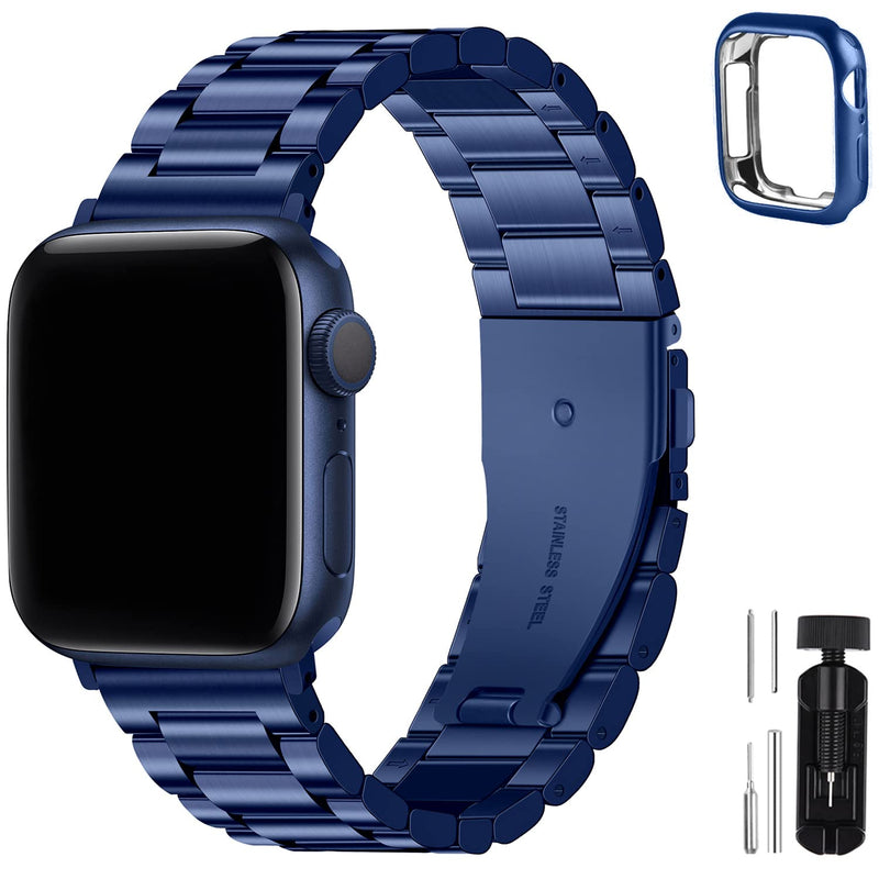 Fullmosa Compatible Apple Watch Silicone Rubber Band 40mm with Screen Protector,Black & Compatible Stainless Steel Apple Watch Band 40mm Blue with case