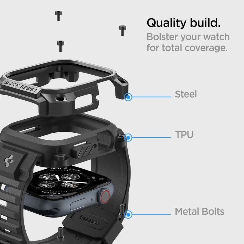 Spigen for Apple Watch Series 9/8/7 45mm Band with Case | Tough Armor Pro Metal Durable Metal Protective Cover Strap with Secure Fit Black