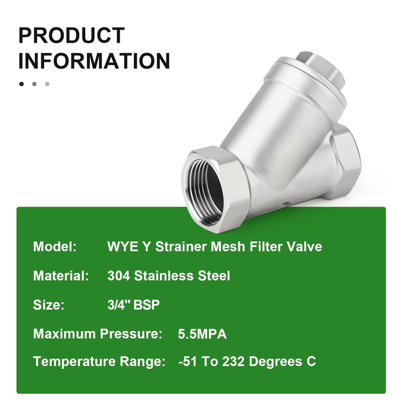 TAISHER 1PCS 304 Stainless Steel 3/4" BSP Female WYE Y Strainer Mesh Filter Valve CF8 WOG