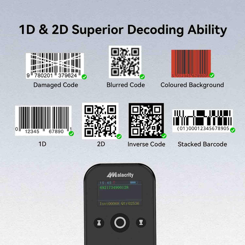 Alacrity Portable 1D 2D Wireless Barcode Scanner with LCD Display, Bluetooth 2.4 GHz Wiredess USB Wired 3 in 1, Lightweight Mini QR Code Readers for Computer, Tablet, Smartphone Black-2D