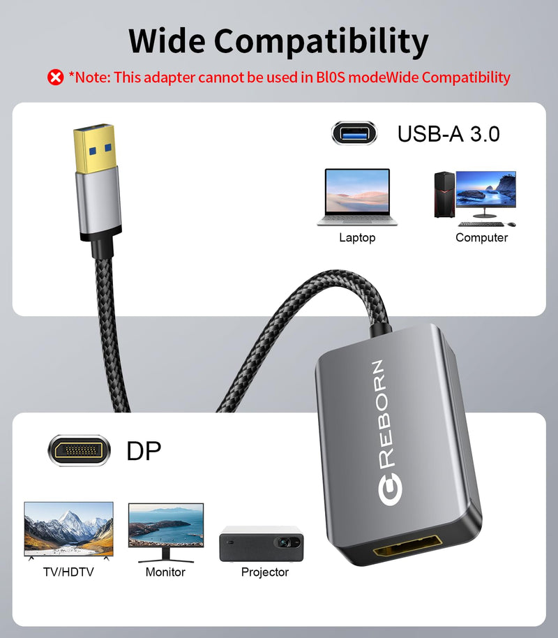 Reborn USB 3.0 to DisplayPort Adapter, 1080P@60Hz for Laptop | USB 3.0 Male to DisplayPort Female Converter Suitable for MacOS, Windows 7/8/10/11 - Driver installation is required
