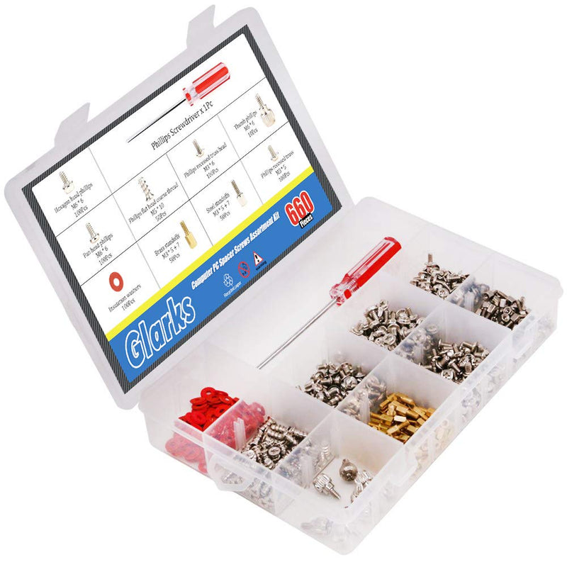 Glarks 660-Pieces Phillips Head Computer PC Spacer Screws Assortment Kit for Hard Drive Computer Case Motherboard Fan Power Graphics (Extra: Phillips Screwdriver)