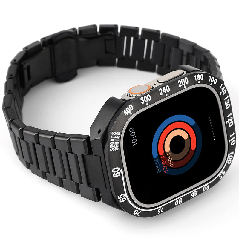 GARTOO Stainless Steel Bands Metal Bezel for Apple Watch Ultra 49mm, Luxury Stainless Steel Replacement Strap with Tool iWatch Ultra 49mm for Men - Black