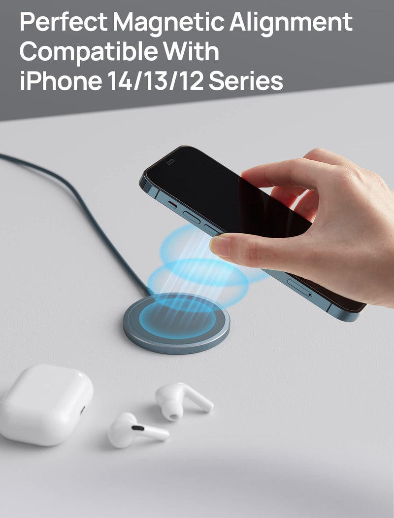JSAUX Magnetic Wireless Charger Compatible with MagSafe Charger/iPhone 15/15 Pro/15 Plus/15 Pro Max/14/14 Pro/14 Plus/14 Pro Max/13/13 Pro/13 Pro Max/12, Wireless Charging Pad, Mag Charger (Blue) Blue Basic