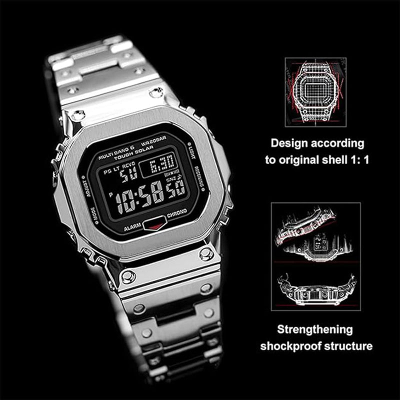 DW-5600 Mod Kit Stainless Steel Case Solid Metal Strap Bracelet for 5600 Series, 5610 Series, Watch Part Replacement Silver metal set