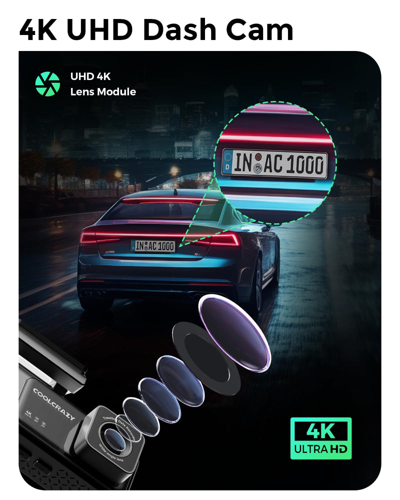 Dash Cam, COOLCRAZY 4K UHD Dash Camera for Cars Built-in GPS, 3.2" IPS Screen WiFi & App Dashcam, 24H Parking Mode, 170°Wide Angle Front Dashcams with 32G Card, WDR, Night Vision, G-Sensor
