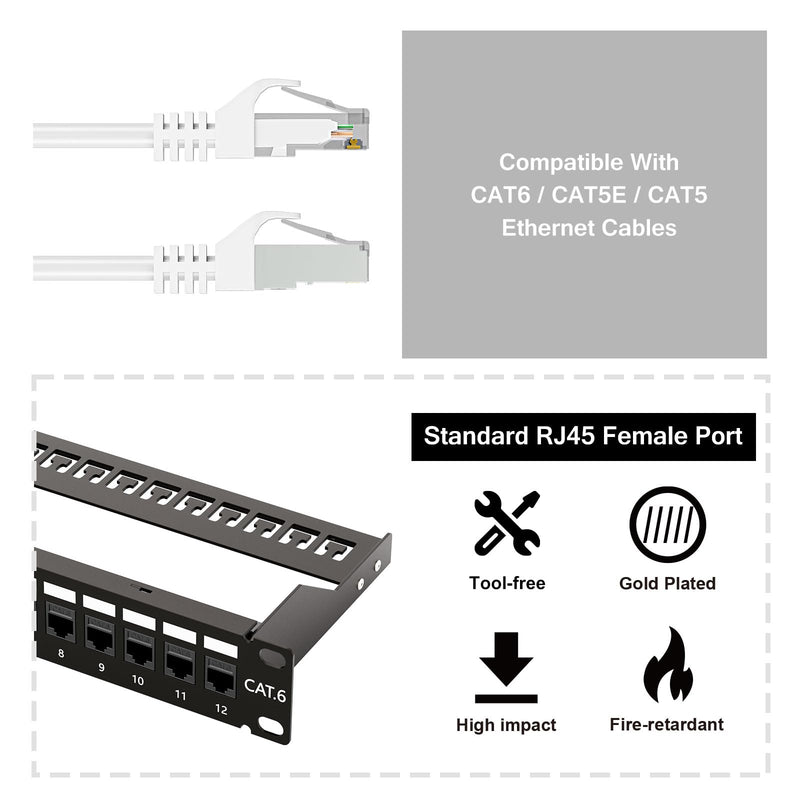 iwillink 12 Port RJ45 Through Coupler Cat6 Patch Panel with Back Bar and Keystone Jack RJ45 Keystone Jack 25-Pack