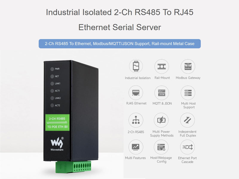 waveshare 2-Ch RS485 to POE Ethernet Converter Industrial Isolated Serial Server, 2-Ch RS485 Independent Operation, Dual POE ETH Ports, Modbus Gateway MQTT Gateway JSON Support, Rail-Mount Metal Case