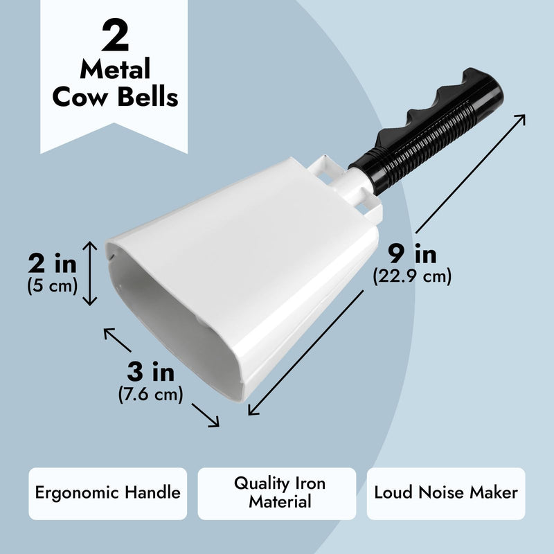 BLUE PANDA - 2 Pack 9-inch Cowbells for Sporting Events, Percussion Noise Makers with Handle for Football Games, Stadiums (White)