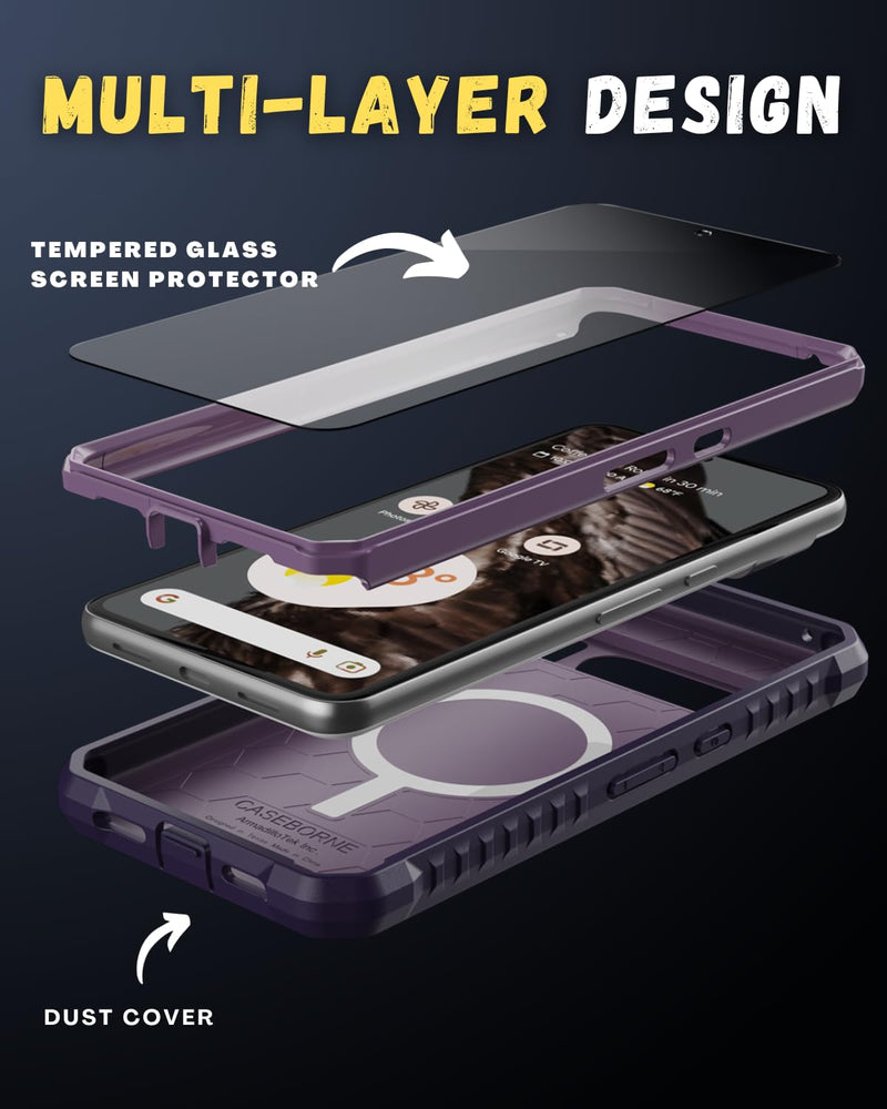 CaseBorne Compatible with Google Pixel 8 Pro Protective Case - Compatible with MagSafe, Slim Yet Rugged with Tempered Glass Screen Protector and Belt Clip Holster Purple
