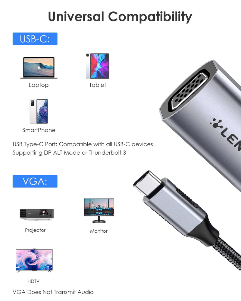 LENTION USB C to VGA Adapter, Type C VGA Cable Converter for 2021-2016 MacBook Pro 13/15/16, New iPad/Surface/Mac Air, Samsung S21/S20/S10/Note 21/20, Stable Driver Certified (CB-CU606, Space Gray)