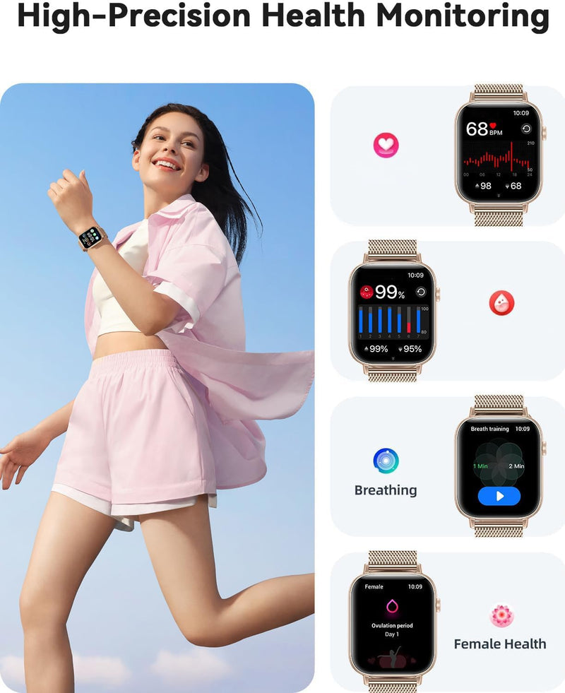 [AUSTRALIA] - Smart Watches for Women, Android Smart Watch for Phones (Make Calls), 1.85" HD Fitness Tracker Watch with Blood Pressure/Heart Rate/Sleep Monitor, 110+ Sport Modes Fitness Watches for Women/Men Gold 