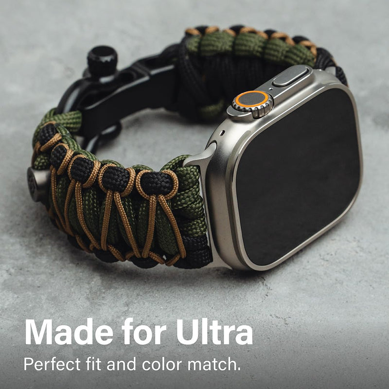 KORDIZ Survivor Pro - Nylon Paracord band for Apple Watch ULTRA 3, ULTRA 2/1 [49mm] & Series 11, 10, 9, 8, 7-1, SE3, SE2, SE [46mm 45mm 44mm 42mm] - with Stainless Steel Adjustable Shackle Black/Green & Micro Coyote Ultra Silver | Size M