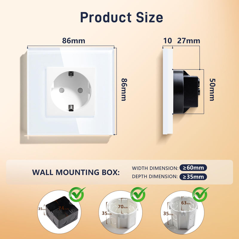 BSEED Schuko Socket, 1-Way Crystal Glass Panel Socket, Flush-Mounted Glass Socket, 16 A Socket, 86 mm, White, Extension Sockets, Wall Socket 1-gang