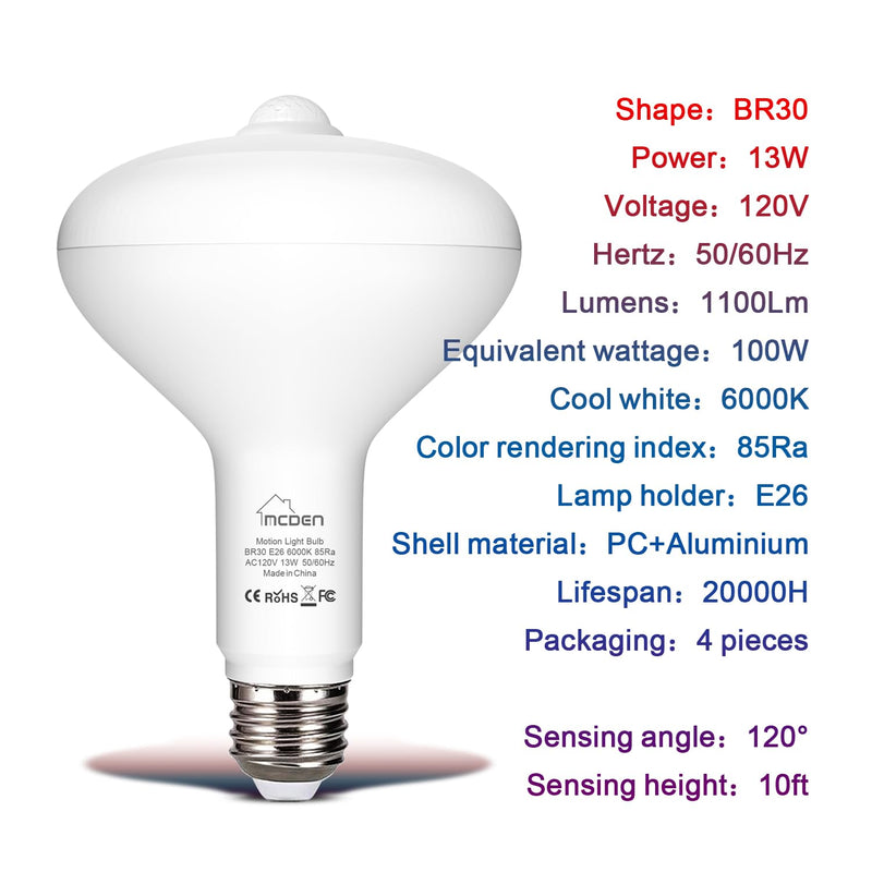 [AUSTRALIA] - McDen Motion Sensor Light Bulb, BR30 13W Equivalent 100W 6000K Daylight, Indoor Motion Activation Detector Light Bulb, E26 Base Dusk to Dawn Security Night Light. 4 Packs Daylight White BR30-13W 