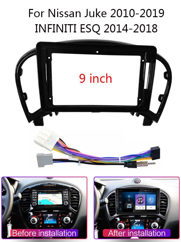 9'' Car Radio Stereo Dash Frame Fascia Bezel Panel w/Power Harness Cable Compatible for Nissan Juke 2010~19 Infiniti ESQ 2014~18 Install Mount Kit