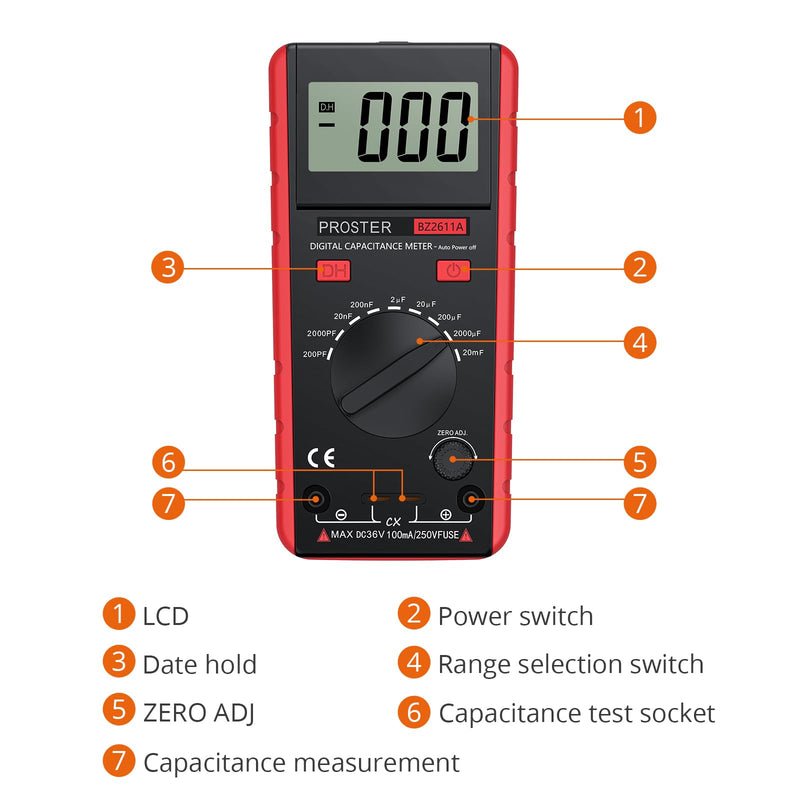 Proster Digitales Kapazitätsmessgerät 200pF-20mF Messgerät Kondensator Handmultimeter Tester für Anfänger mit drehbarer LCD-Anzeige Rot-vereinfachte Version
