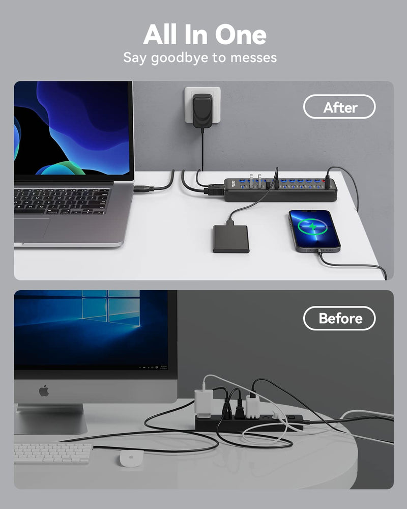 Powered USB Hub, Wenter 11-Port USB Splitter Hub (10 Faster Data Transfer Ports+ 1 Smart Charging Port) with Individual LED On/Off Switches, USB Hub 3.0 Powered with Power Adapter for Mac, PC 10 USB 3.0 ports + 1 Charging port