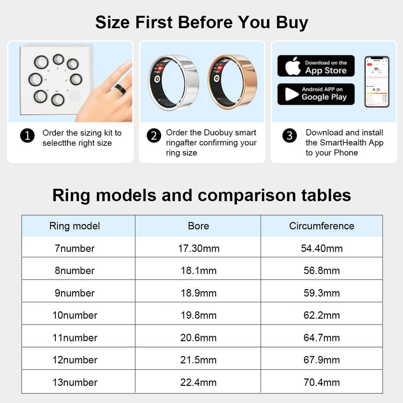 Smart Ring for Women Men Health Tracker Ring No APP Fee 7-Day Battery Life IP68 Waterproof Sleep Step Monitor(Silver, 7) Silver