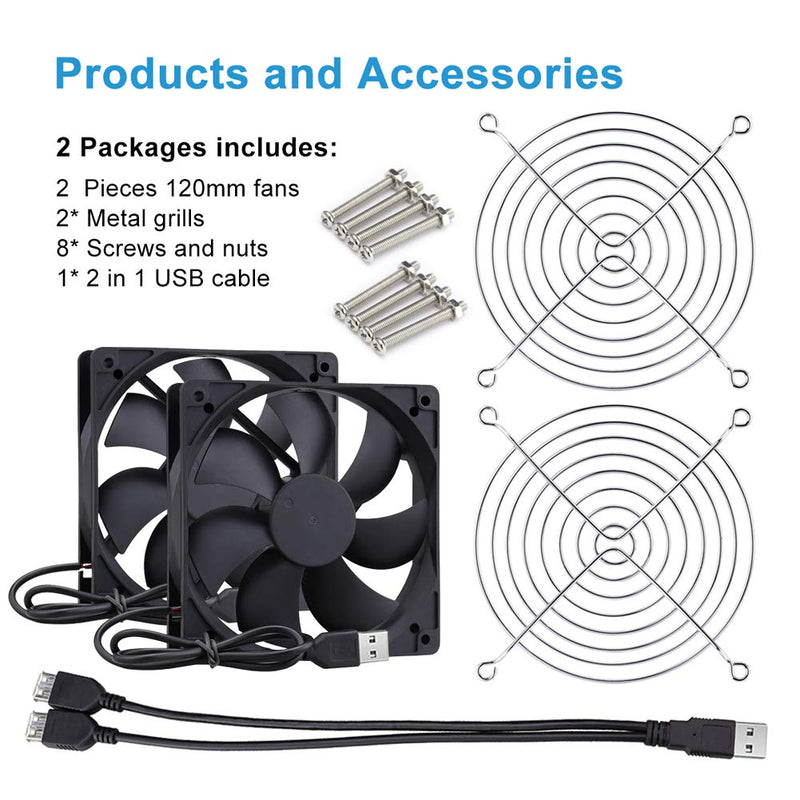 2 Packs Wathai 120mm x 25mm 120mm 5V USB Fan for Receiver AV cabint Game Console PC Laptop TV Box Projector Router Cooling