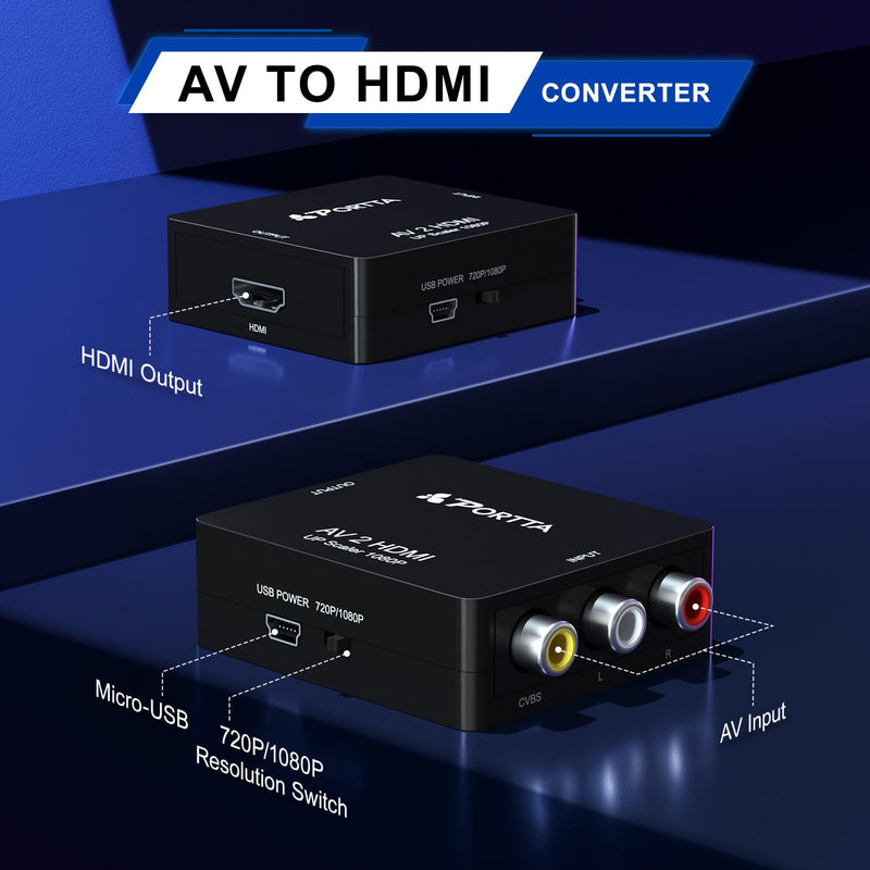 Portta RCA to HDMI Converter, Composite CVBS to HDMI Adapter Upscaler 720P/1080P, AV to HDMI Video Converter, Support PAL/NTSC Compatible with PS3, TV, PC, STB, Xbox, VHS, VCR, Blue-Ray DVD (Black) AV converter Black