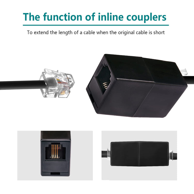 Phone Extension Cord 25 Ft, Telephone Cable with Standard RJ11 Plug and 1 in-Line Couplers and 20 Cable Clip Holders, Black